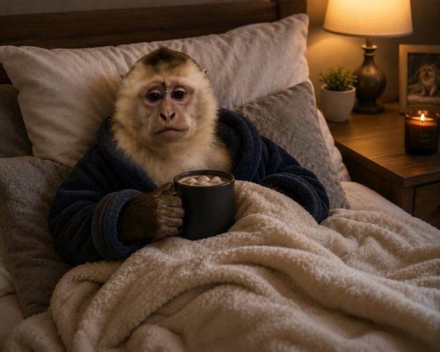 Wage monkey lying awake in bed holding a mug