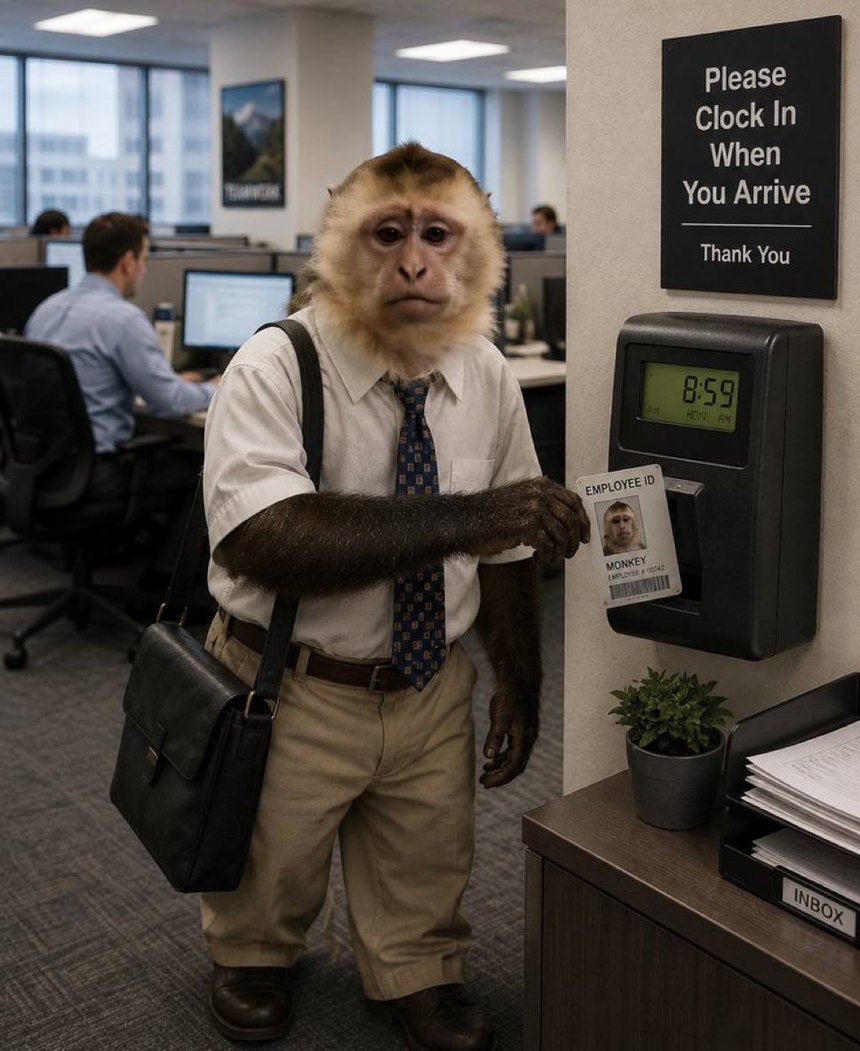 Wage monkey in a shirt and tie punching a time clock