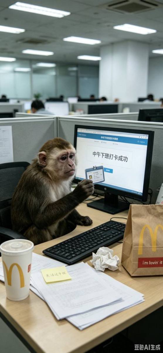 Wage monkey at an office desk in a cubicle