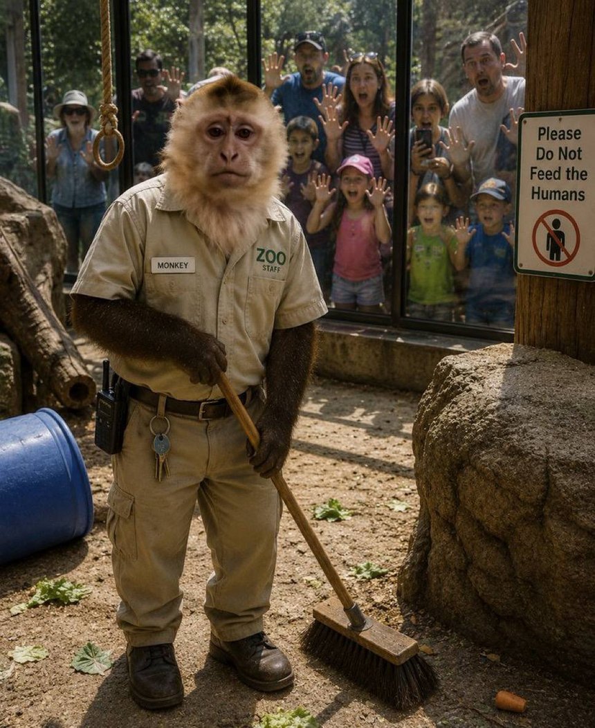 Wage monkey in a keeper's uniform while a crowd photographs him