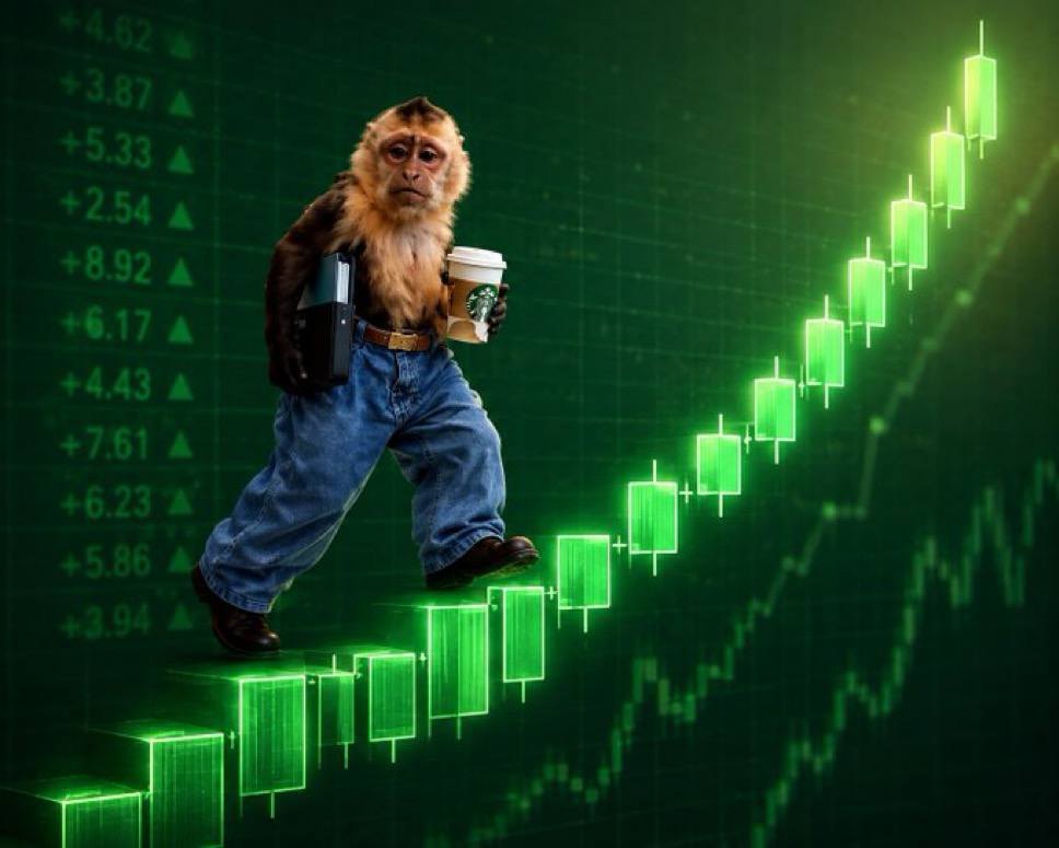 Wage monkey walking up a rising green candlestick chart with a coffee